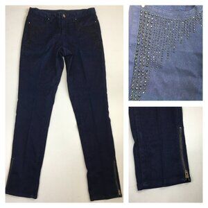 CACHE 5 Pocket Dark Blue Rhinestone Embellishment Zip Ankle Denim Jeans